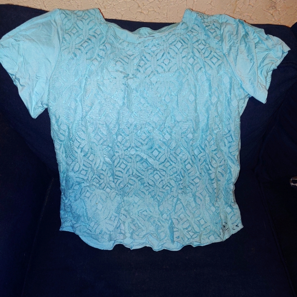 CROFT AND BARROW TEAL WITH LACE WOMENS BLOUSE TOP SIZE L